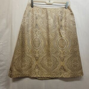 Talbots Petites Jacquard Brocade A Line Midi Skirt Gold Beige Size 8